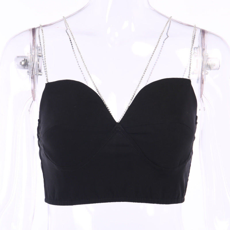 Women's Black Plunge Cami Top with Rhinestone Straps