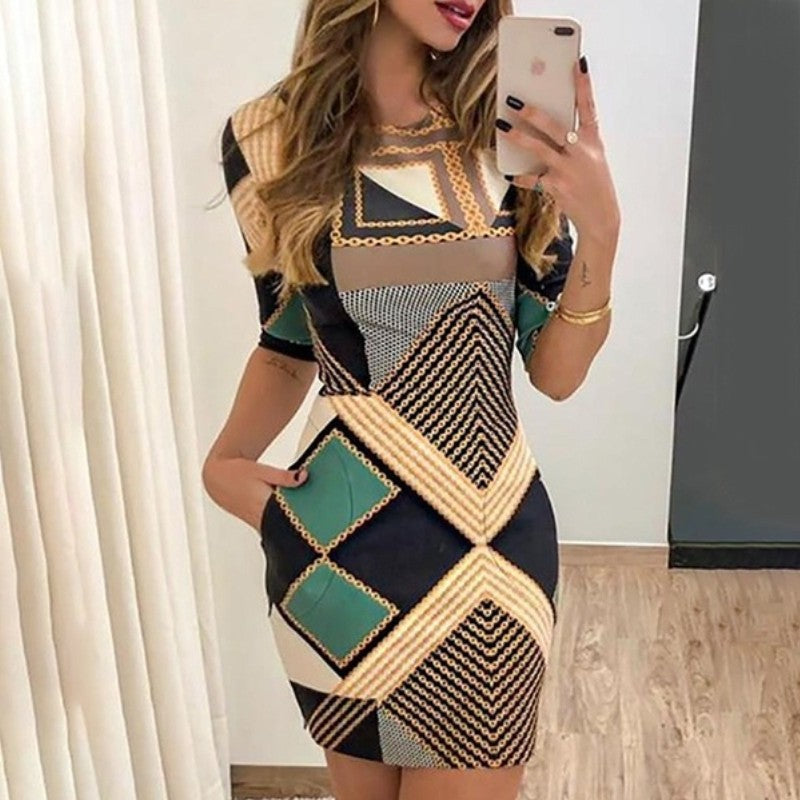 Geometric Print Round Neck Dress