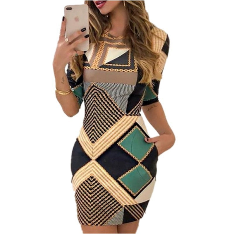 Geometric Print Round Neck Dress